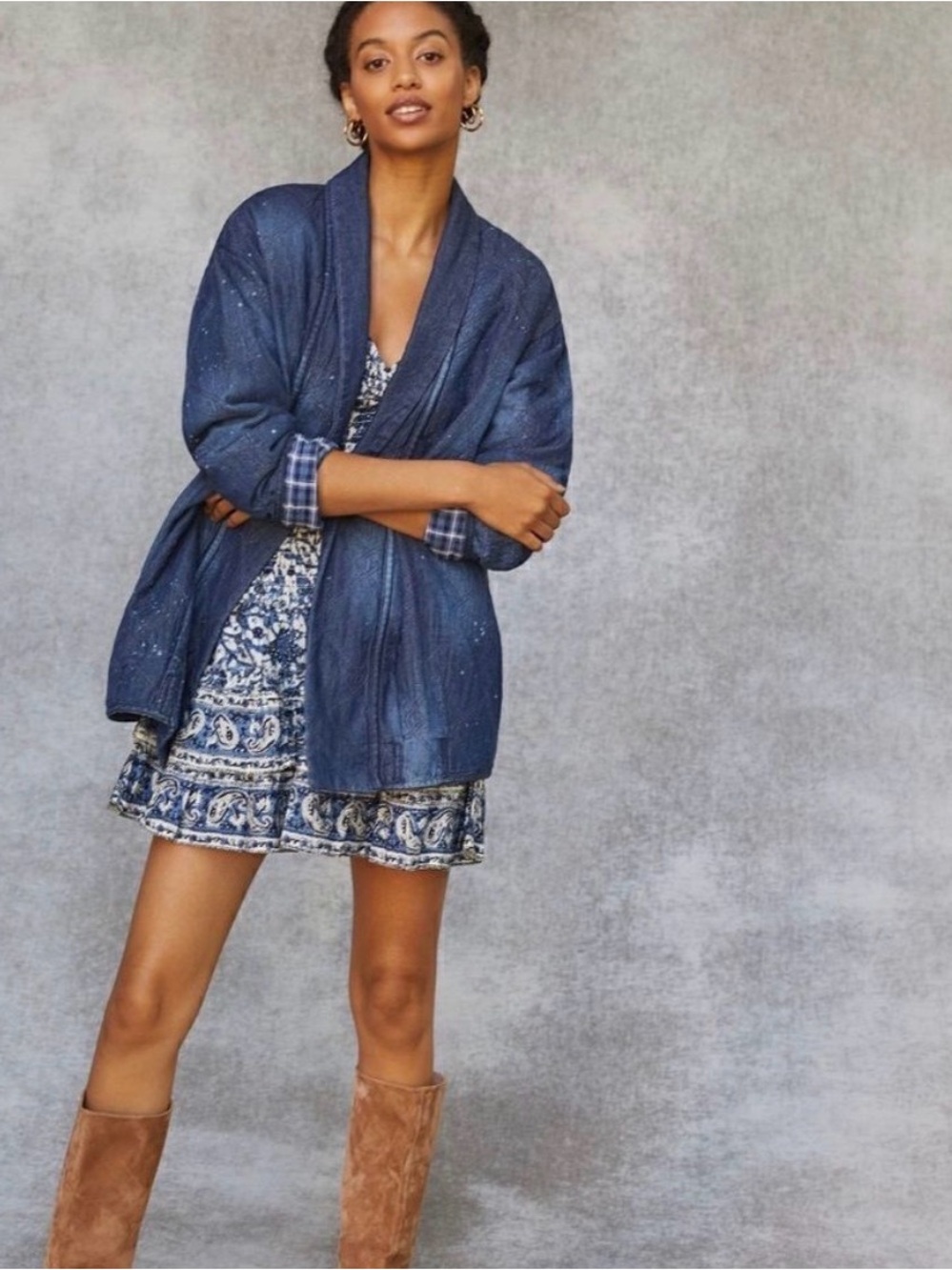 Anthropologie Pilcro Quilted Denim Kimono Jacket Paint Splatter M Artsy Boho